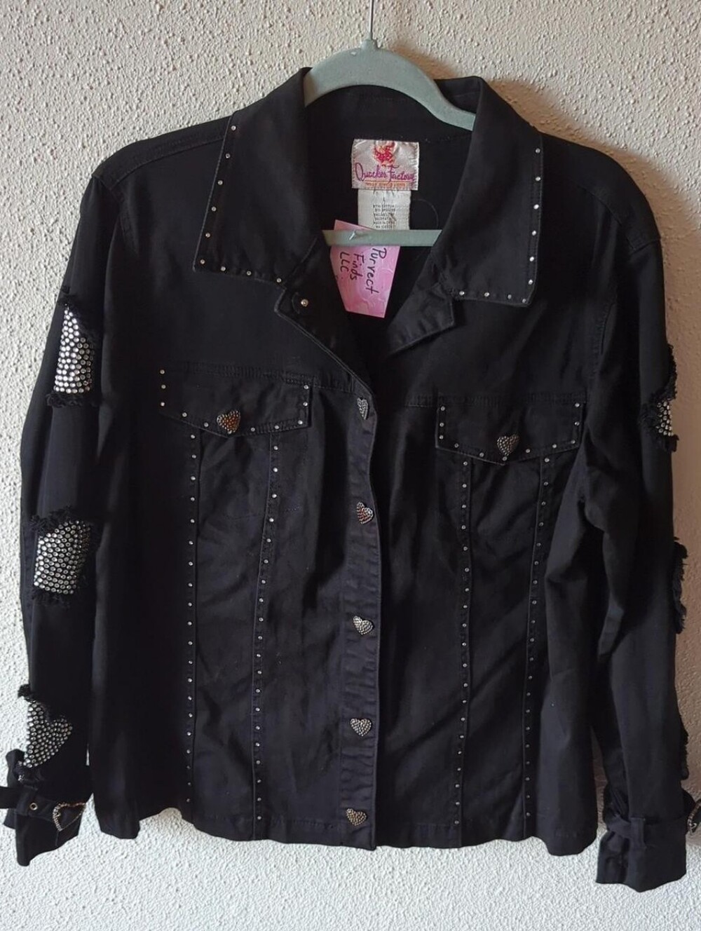 Quaker Factory Denim Jacket With Silver And Rhinestone Heart Embellishment Large